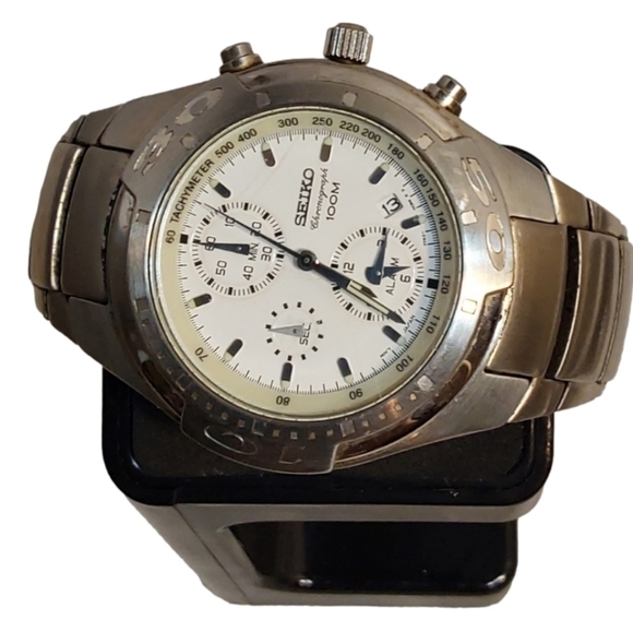 SEIKO CHRONOGRAPH  / ALARM 100M code 7T62-0BX0 MEN'S SILVERSTONE WRISTWATCH - Picture 1 of 4